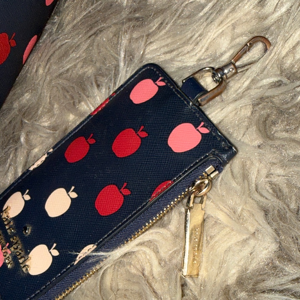 Kate Spade Navy Tote and Wallet with Red and Pink Apple Design - Picture 13 of 13